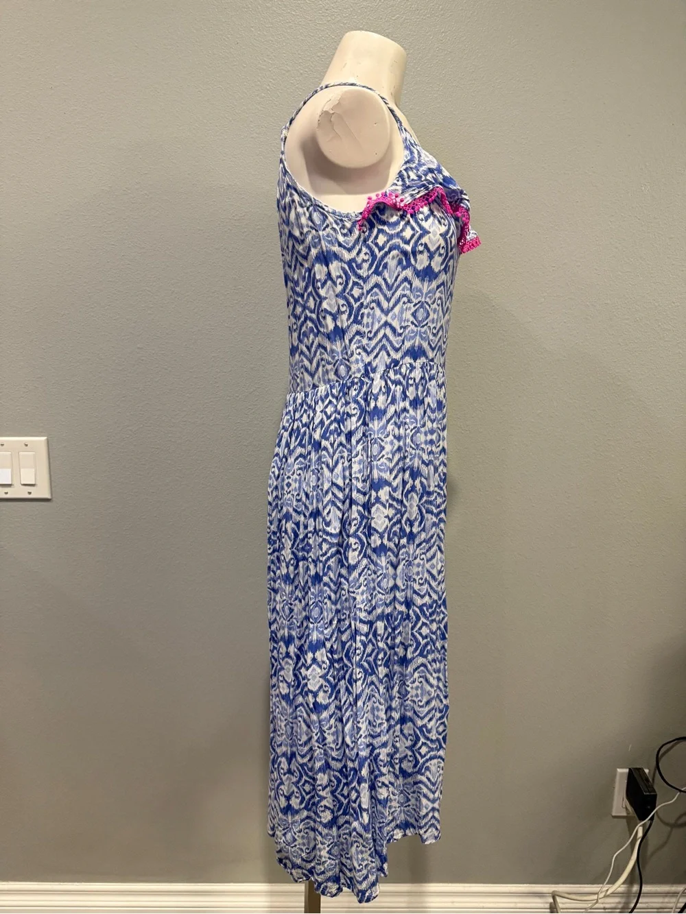 OshKosh B'gosh Blue and Pink Ikat Maxi Dress with Pom Trim